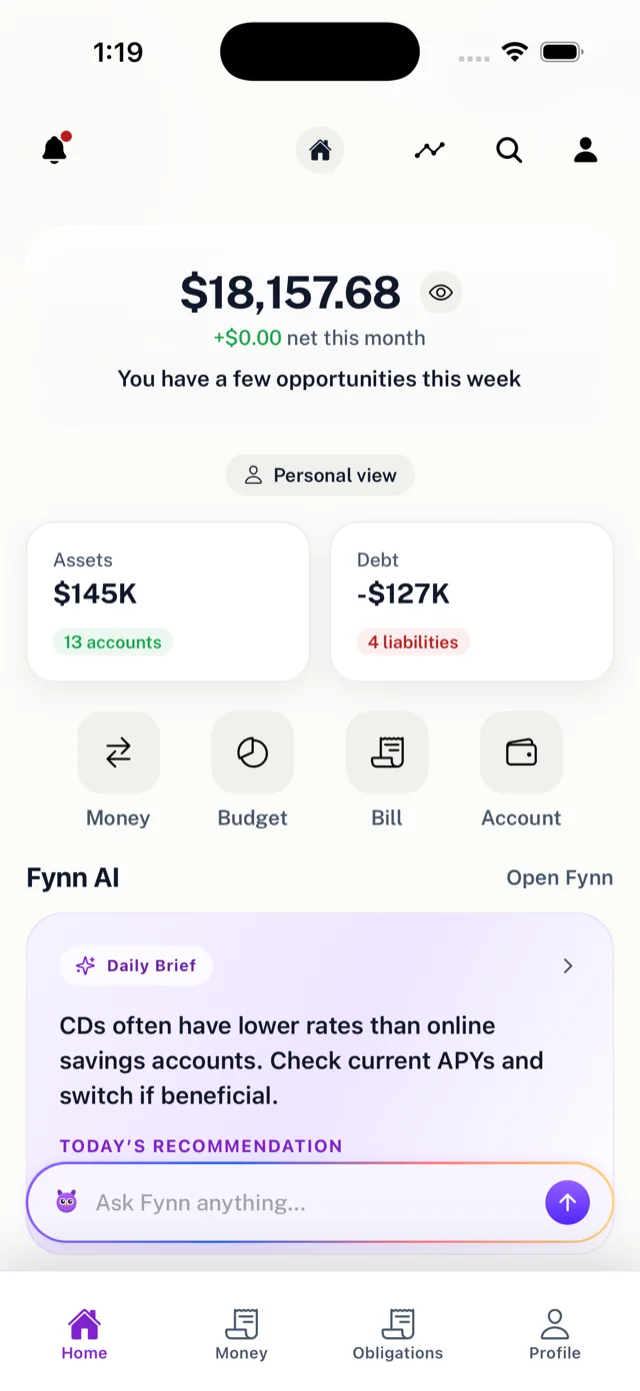 Finsynq home screen with balances, assets, debt, and Fynn insights