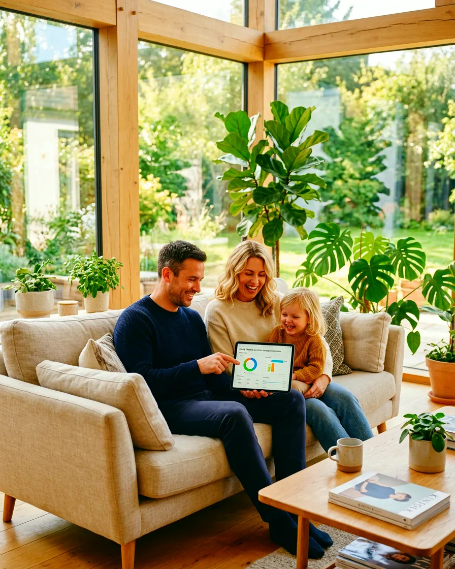 A family on the sofa reviewing their budget together on a tablet
