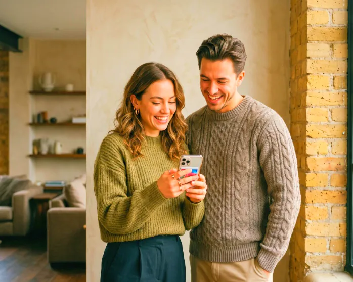 A couple laughing together while looking at a phone at home