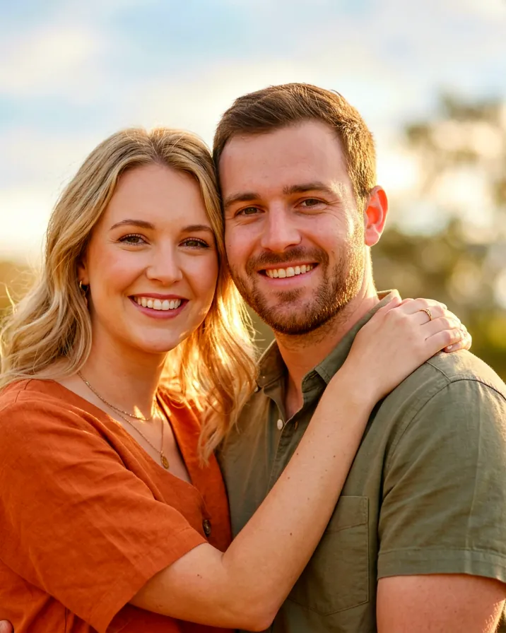A smiling couple outdoors in warm evening light