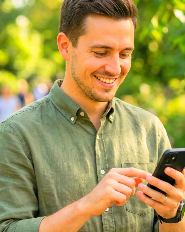 A man smiling at an answer on his phone outdoors