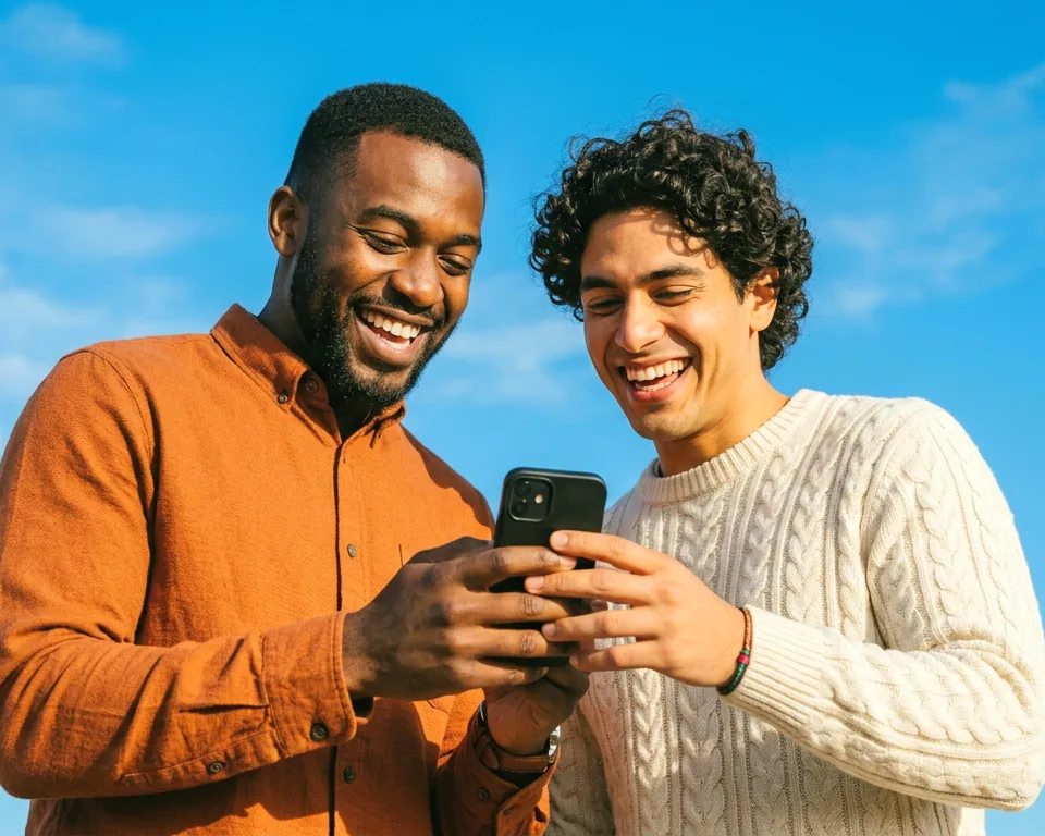 Two friends laughing together at something on a phone
