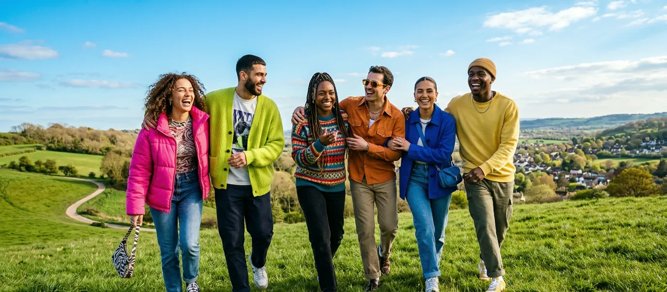A group of friends walking and laughing together outdoors